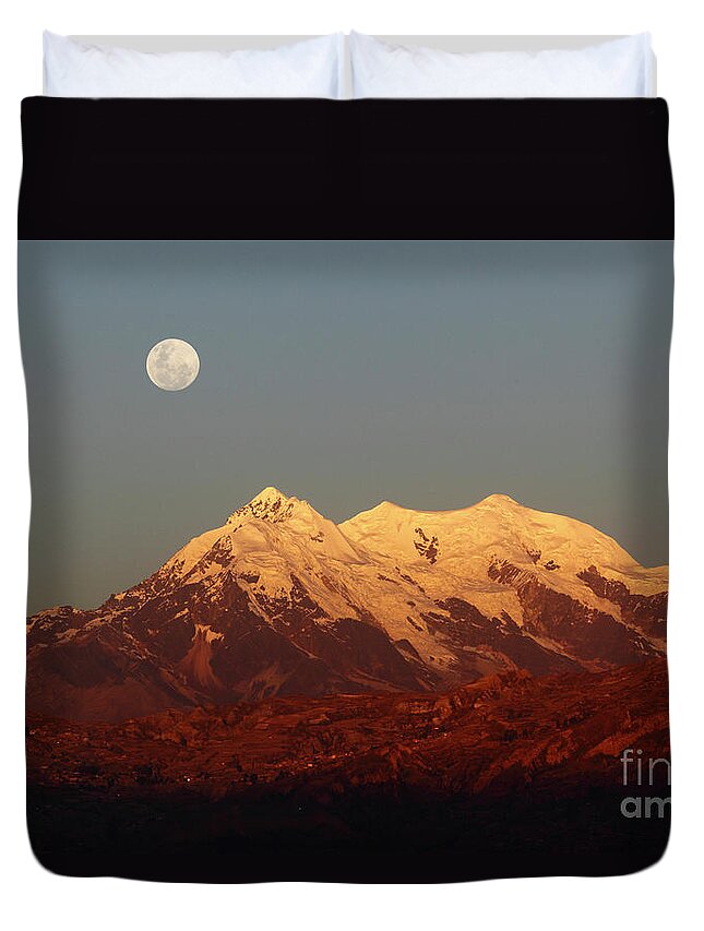 Bolivia Duvet Cover featuring the photograph Full moon rise over Mt Illimani by James Brunker