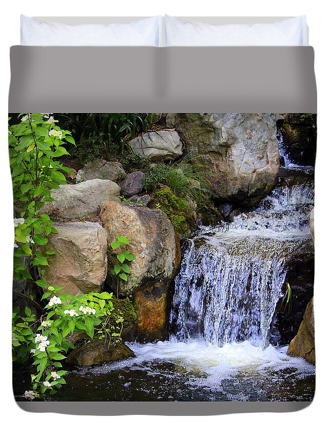 Water Duvet Cover featuring the photograph Garden Waterfall by Cynthia Guinn