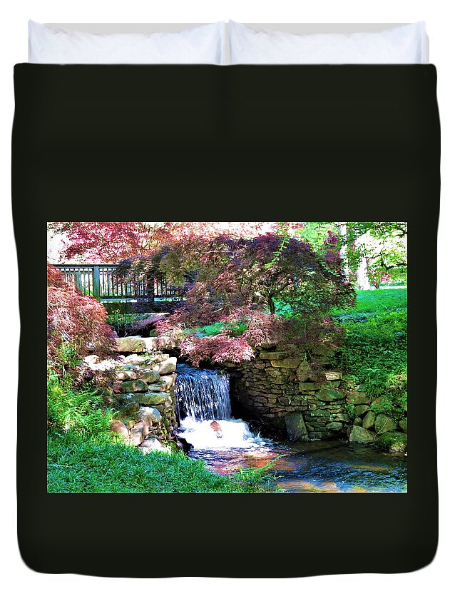 Kathy Duvet Cover featuring the photograph Garden Waterfall by Kathy Long