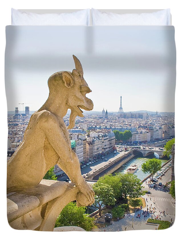 Clear Sky Duvet Cover featuring the photograph Gargoyle, View From Notre Dame, Paris by John Harper