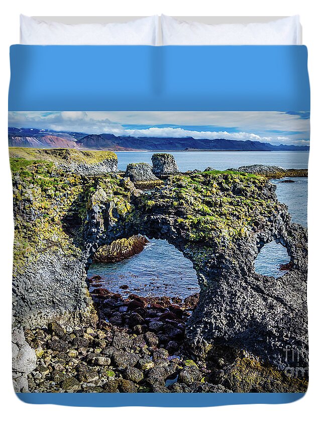 Arch Duvet Cover featuring the photograph Gatklettur, Arnarstapi, Iceland by Lyl Dil Creations