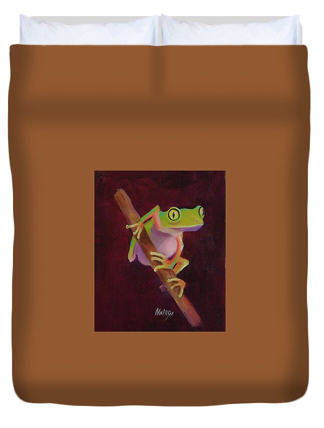Tree Frog Duvet Cover featuring the painting Gato Eyes by Nataya Crow