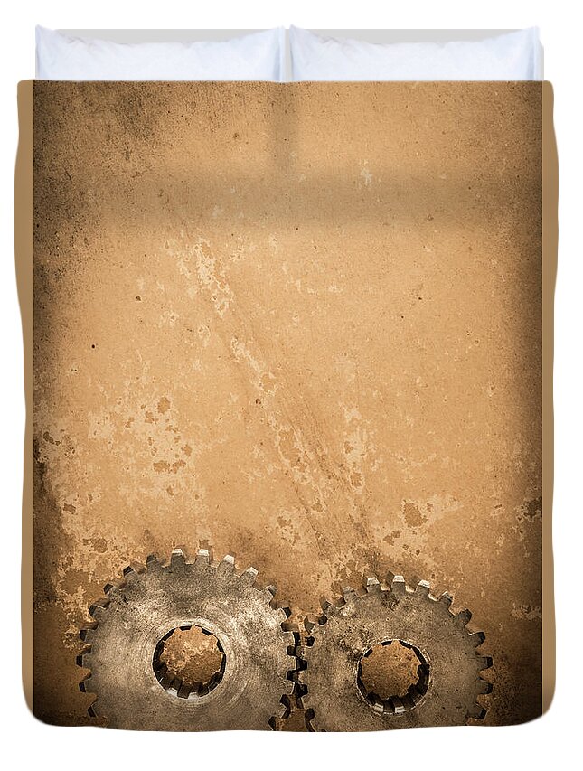Coordination Duvet Cover featuring the photograph Gears On Textured Paper by Gary S Chapman
