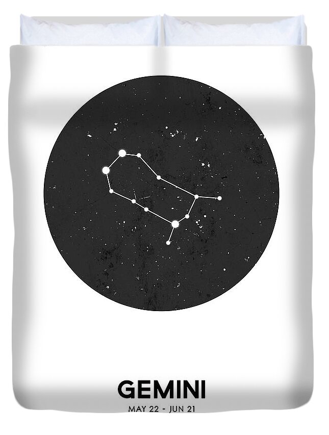 Gemini Duvet Cover featuring the mixed media Gemini Print - Zodiac Signs Print - Zodiac Posters - Gemini Poster - Night Sky - Gemini Traits by Studio Grafiikka