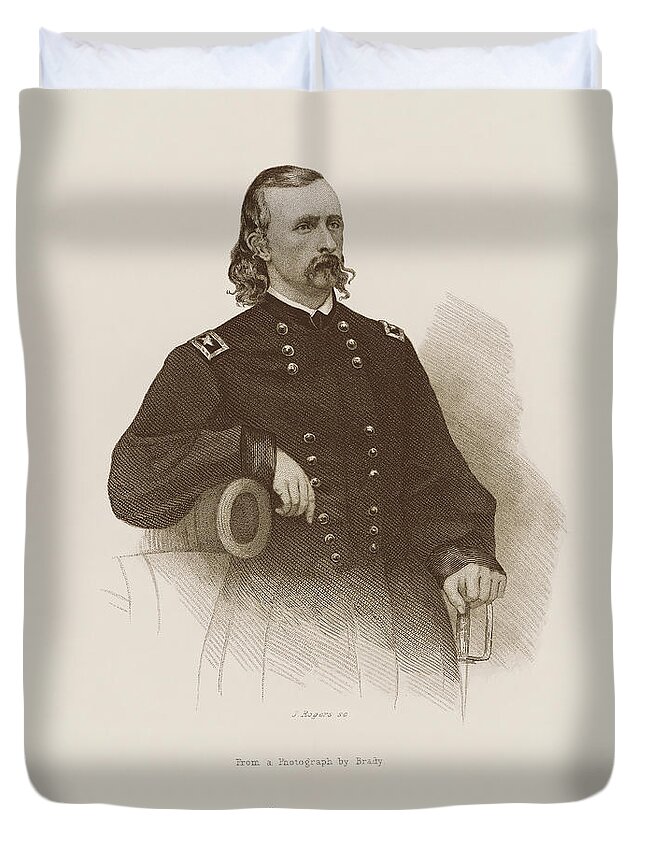 General Custer Duvet Cover featuring the drawing General George Armstrong Custer Engraved Portrait by War Is Hell Store