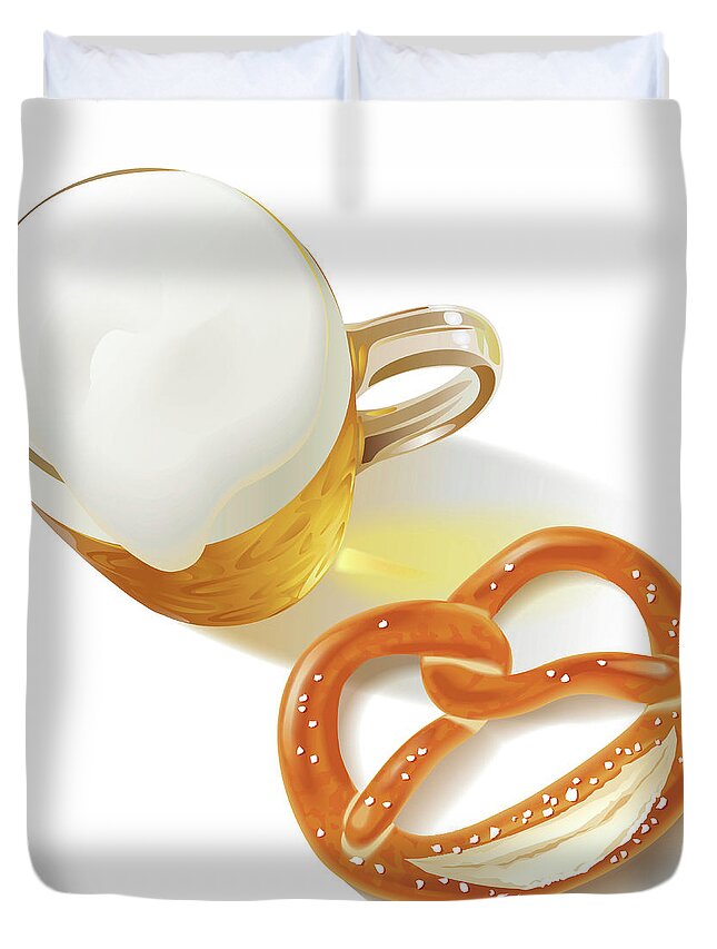 Alcohol Duvet Cover featuring the photograph German Beer Glass And Pretzel by Alexvandehoef