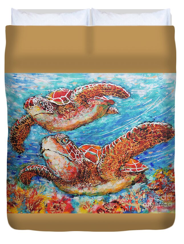 Marine Turtles Duvet Cover featuring the painting Giant Sea Turtles by Jyotika Shroff