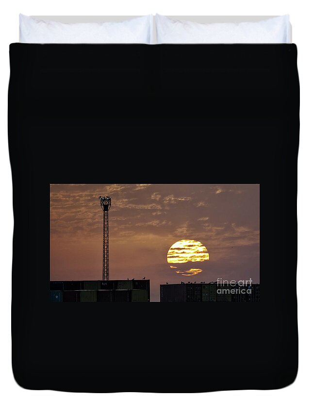 Bright Duvet Cover featuring the photograph Giant Sun at Sunrise Cadiz Harbour by Pablo Avanzini