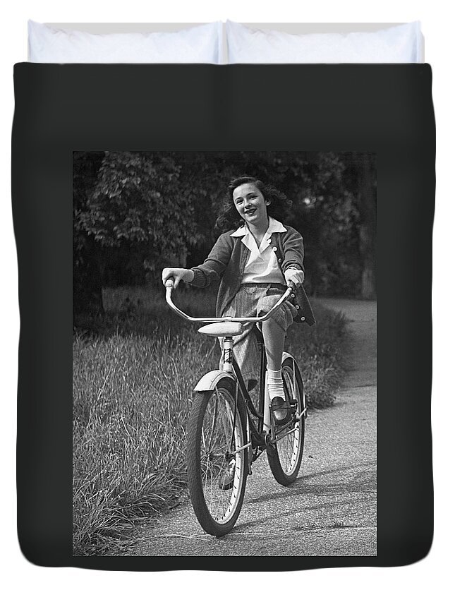 People Duvet Cover featuring the photograph Girl Bicycling On Path by George Marks