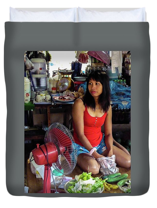 Girl Duvet Cover featuring the photograph Girl in a shop by Jeremy Holton