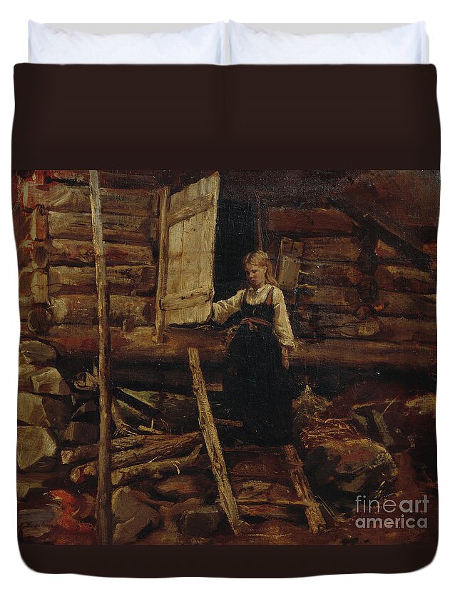 Art Duvet Cover featuring the painting Girl On Stairs by Nils Bergslien
