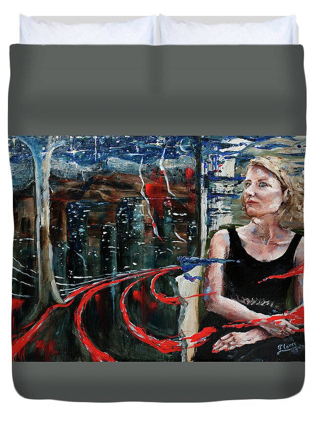 Portrait Duvet Cover featuring the painting Girl on the Light Rail by Carlos Flores