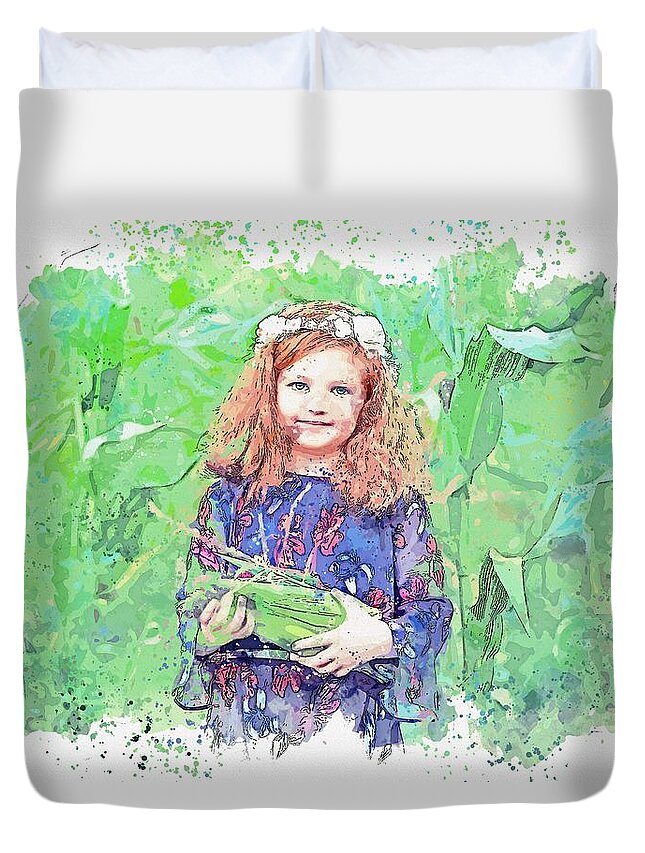 Girl Duvet Cover featuring the painting Girl Standing in a Cornfield Carrying Corn watercolor by Ahmet Asar by Celestial Images