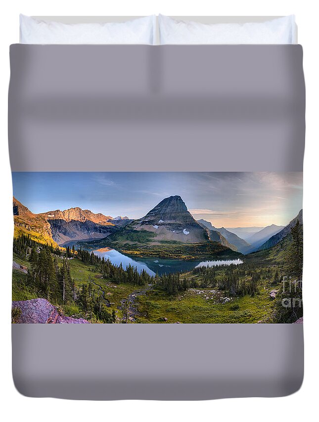 Hidden Lake Duvet Cover featuring the photograph Glacier Hidden Lake Sunset Panorama by Adam Jewell