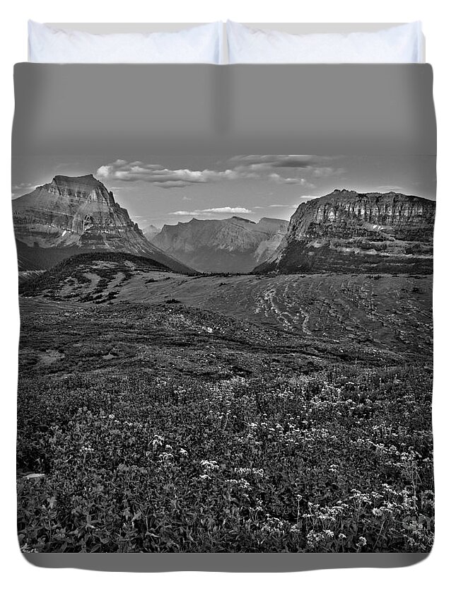 Logan Pass Duvet Cover featuring the photograph Glacier Landscape Of Color Black And White by Adam Jewell