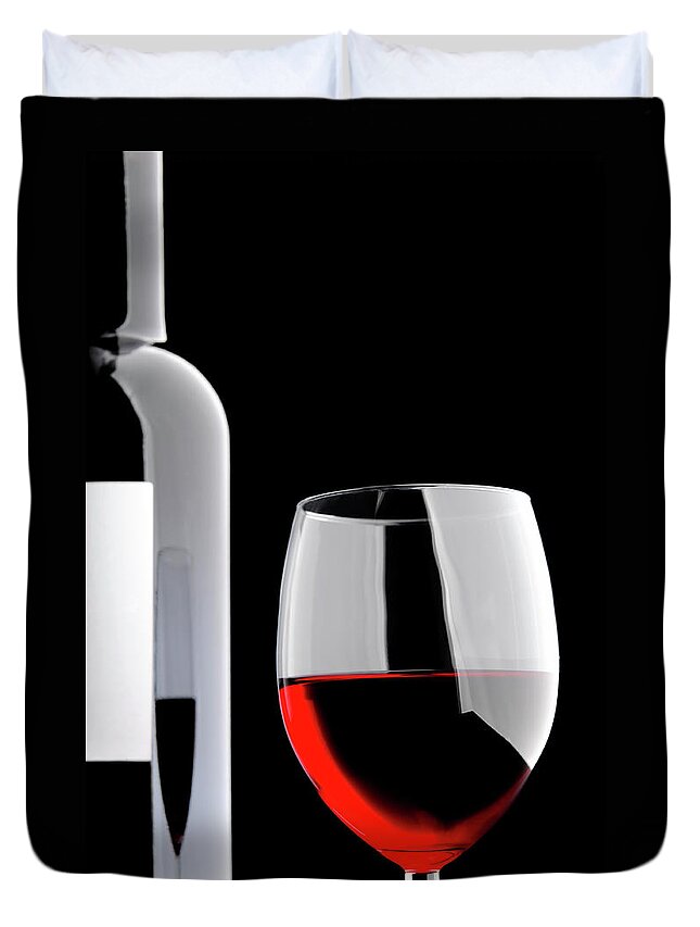 Alcohol Duvet Cover featuring the photograph Glass Of Red Wine, Bottle With Blank by Domin domin