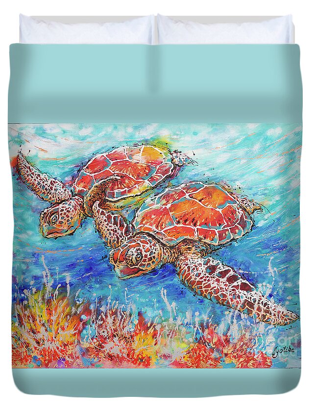 Marine Turtles Duvet Cover featuring the painting Gliding Sea Turtles by Jyotika Shroff