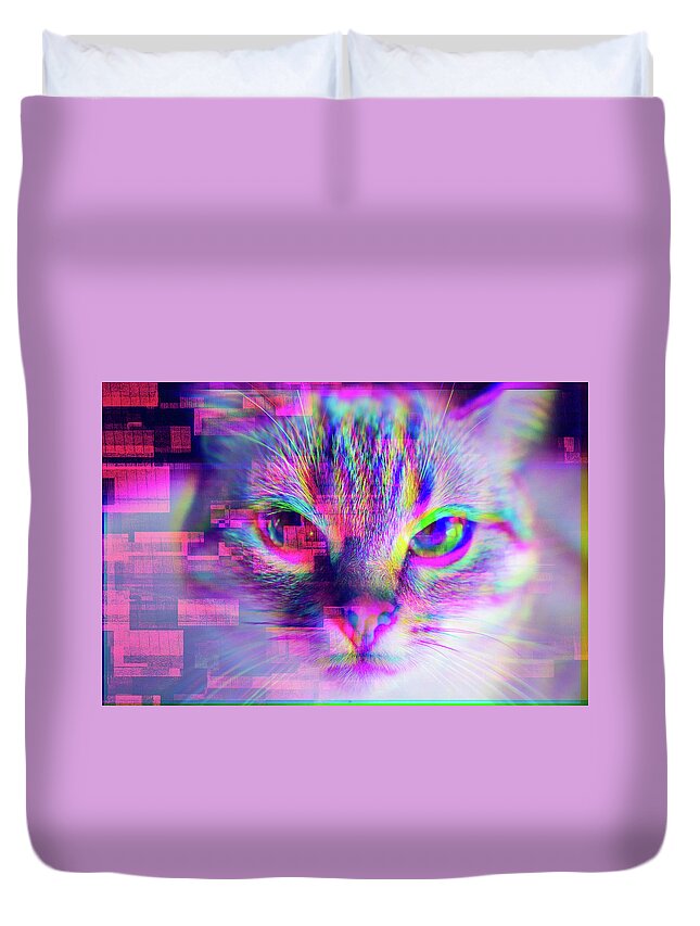 Glitch Duvet Cover featuring the digital art Glitch Art Trippy Cat by Matthias Hauser