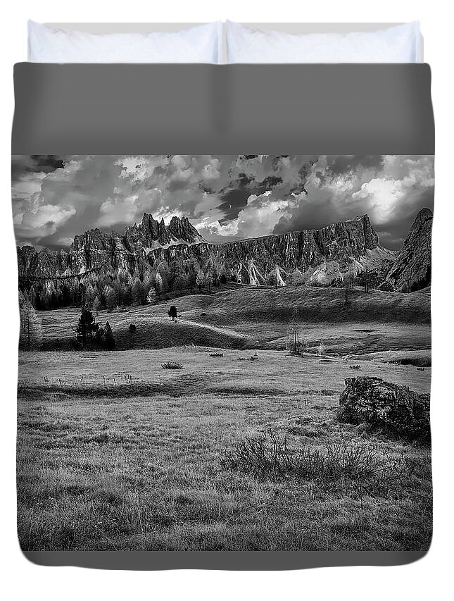  Black And White Duvet Cover featuring the photograph Glorious Afternoon in the Dolomites by Jon Glaser