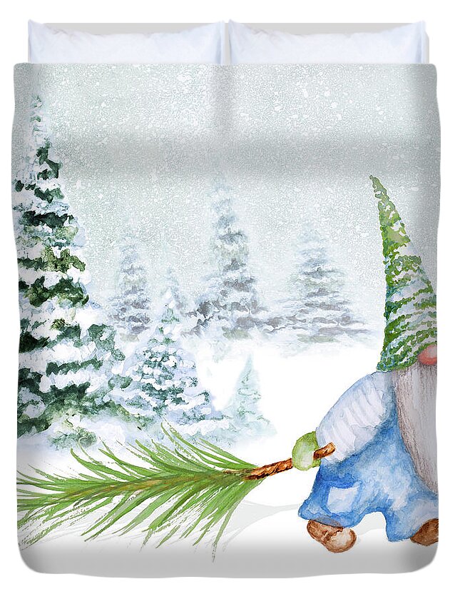 Gnome Duvet Cover featuring the mixed media Gnomes On Winter Holiday I by Janice Gaynor