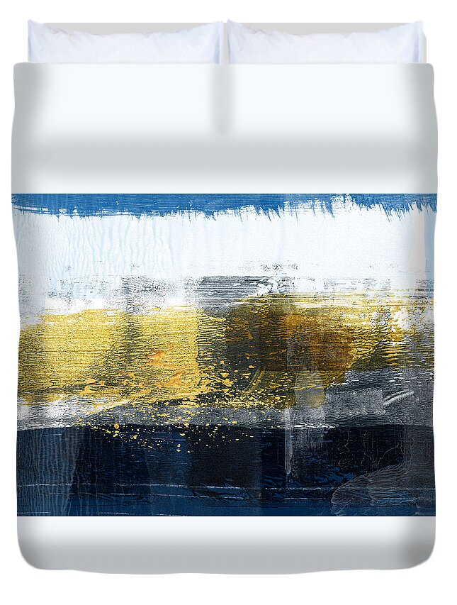 Abstract Duvet Cover featuring the painting Gold and White Abstract Study by Naxart Studio