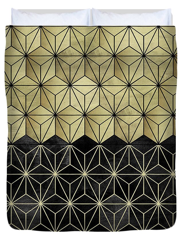 Graphic-design Duvet Cover featuring the digital art Gold Black Geo Glam #1 #shiny #geometric #decor #art by Anitas and Bellas Art