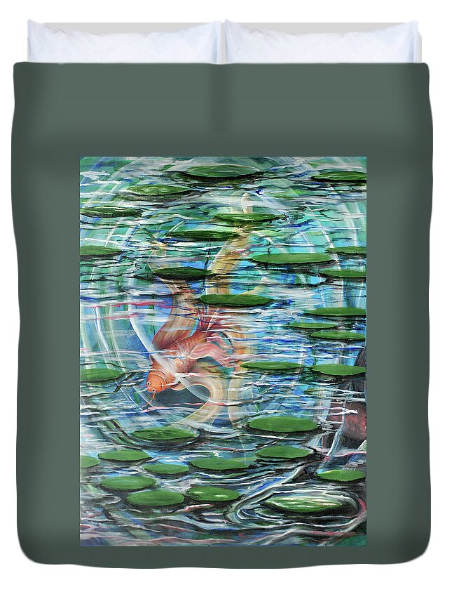 Alluring Pleasing Painting Goldfish Nature Water Pond Leaves Colorful Fantasy Art Beautiful Fish Art Fish Painting Goldfish Art Duvet Cover featuring the painting Goldfish by Medea Ioseliani