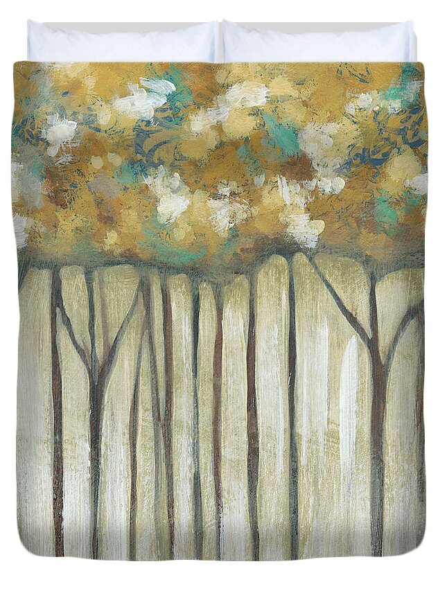 Landscapes & Seascapes+woodland & Trees Duvet Cover featuring the painting Golden Canopy I by Chariklia Zarris
