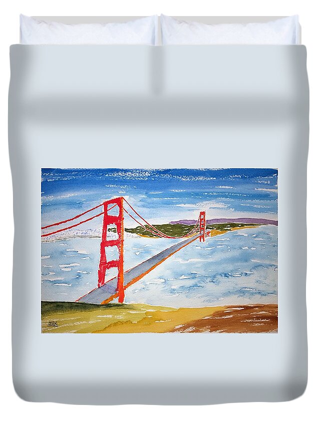 Watercolor Duvet Cover featuring the painting Golden Gate Lore by John Klobucher