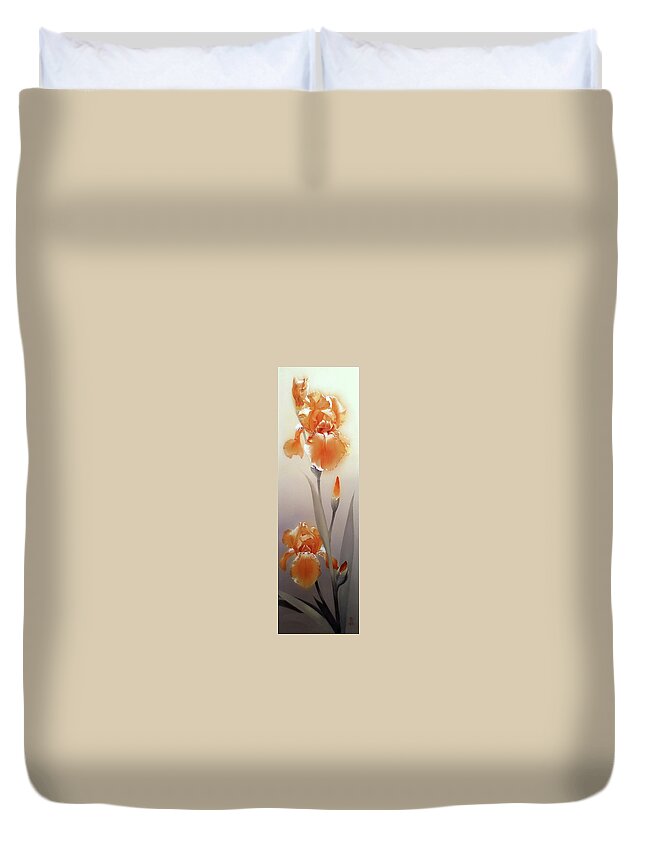 Russian Artists New Wave Duvet Cover featuring the painting Golden Irises by Alina Oseeva
