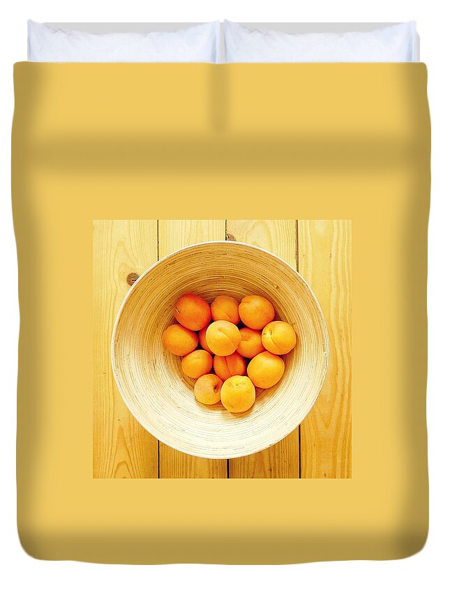 Orange Color Duvet Cover featuring the photograph Golden Orange Apricots In Wooden Bowl by Dorte Fjalland