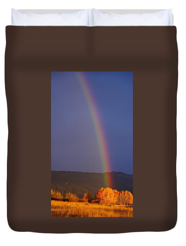 Rainbow Duvet Cover featuring the photograph Golden Tree Rainbow by Tom Gresham