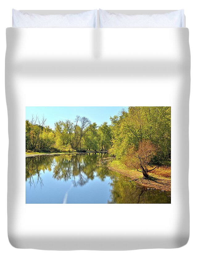 Autumn Duvet Cover featuring the photograph Golden Trees on Concord River by Luke Moore