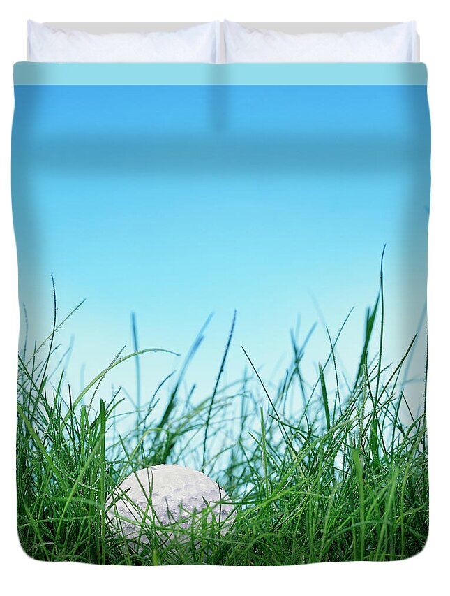 Grass Duvet Cover featuring the photograph Golf Ball In Long Grass by Peter Dazeley