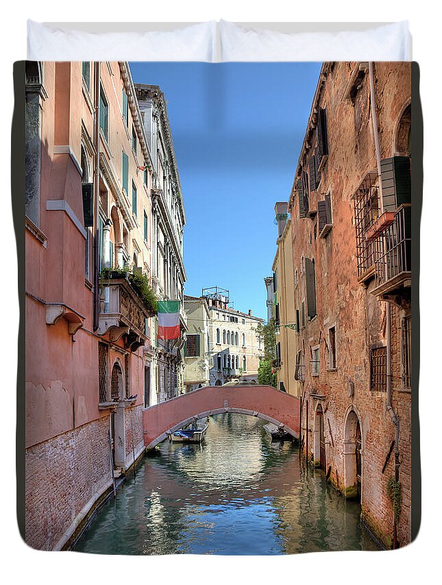 Built Structure Duvet Cover featuring the photograph Gondola In A Small Canal Of Venice by Onfokus