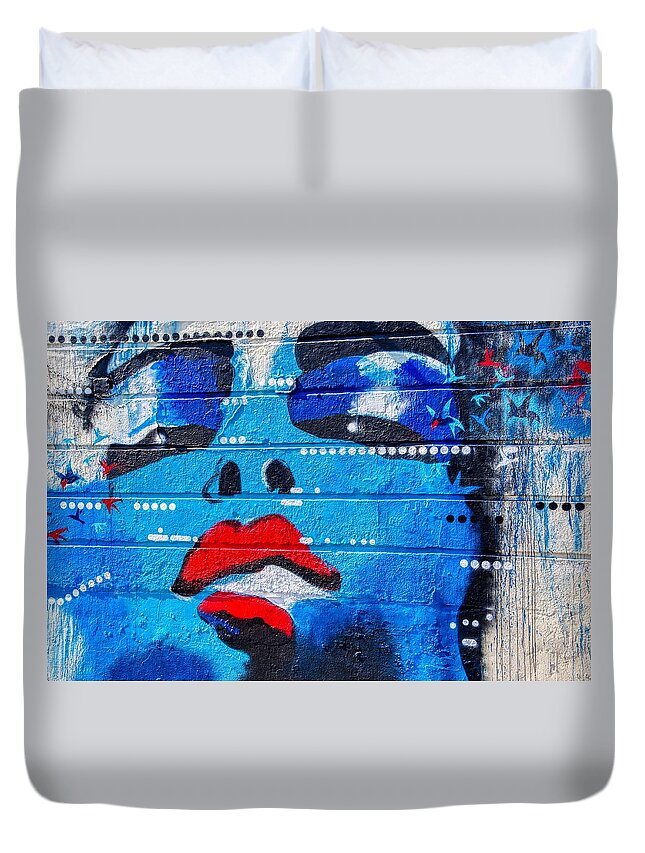 Graffiti Duvet Cover featuring the photograph Graffiti Art Painting of Blue Woman by Raymond Hill