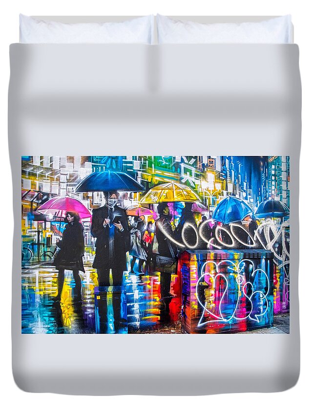 Graffiti Duvet Cover featuring the photograph Graffiti art painting Standing In The Rain by Raymond Hill