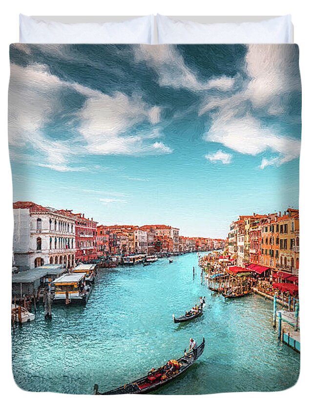 Landscape Duvet Cover featuring the painting Grand Canal Venice with Gondolas by Dean Wittle