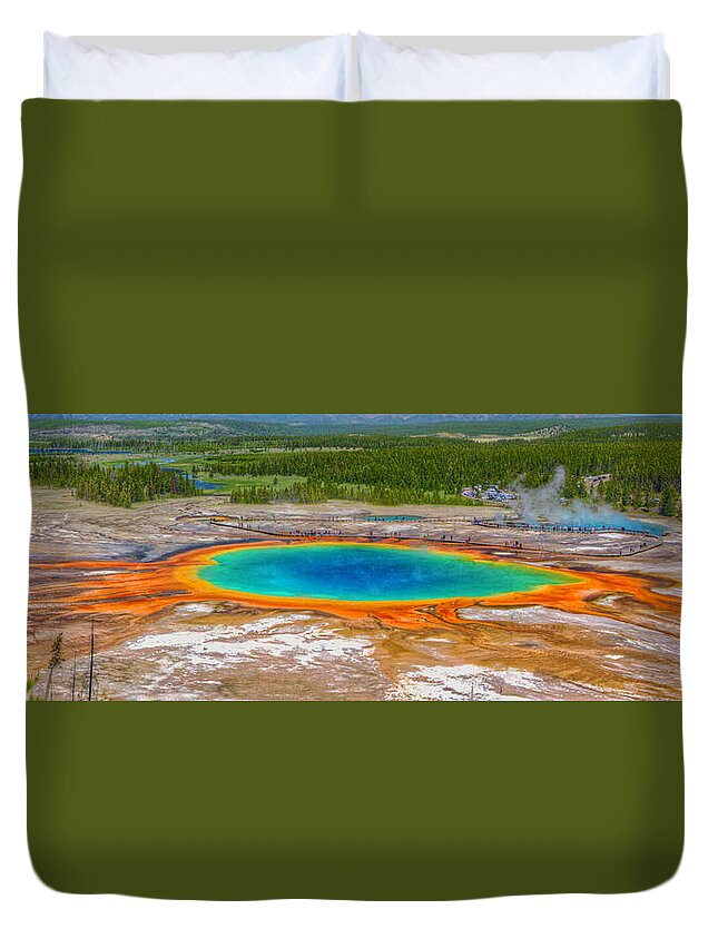 Grand Prismatic Spring Duvet Cover featuring the photograph Grand Prismatic Spring 2011-06 01 Panorama by Jim Dollar