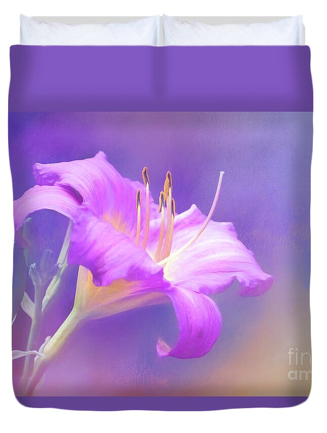 Daylily Duvet Cover featuring the photograph Pretty in Pastel Little Grapette Daylily by Anita Pollak