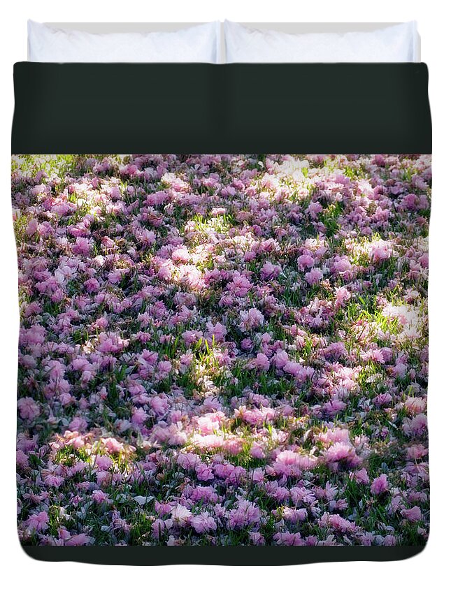 Grass Duvet Cover featuring the photograph Grass Covered With Flower Petals by Maria Mosolova