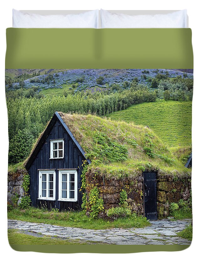 Iceland Duvet Cover featuring the photograph Grass Roof Cottages at the Skogar Folk Museum of Iceland by Pierre Leclerc Photography