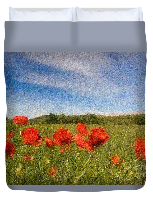Art Duvet Cover featuring the digital art Grassland and Red Poppy Flowers 3 by Jean Bernard Roussilhe