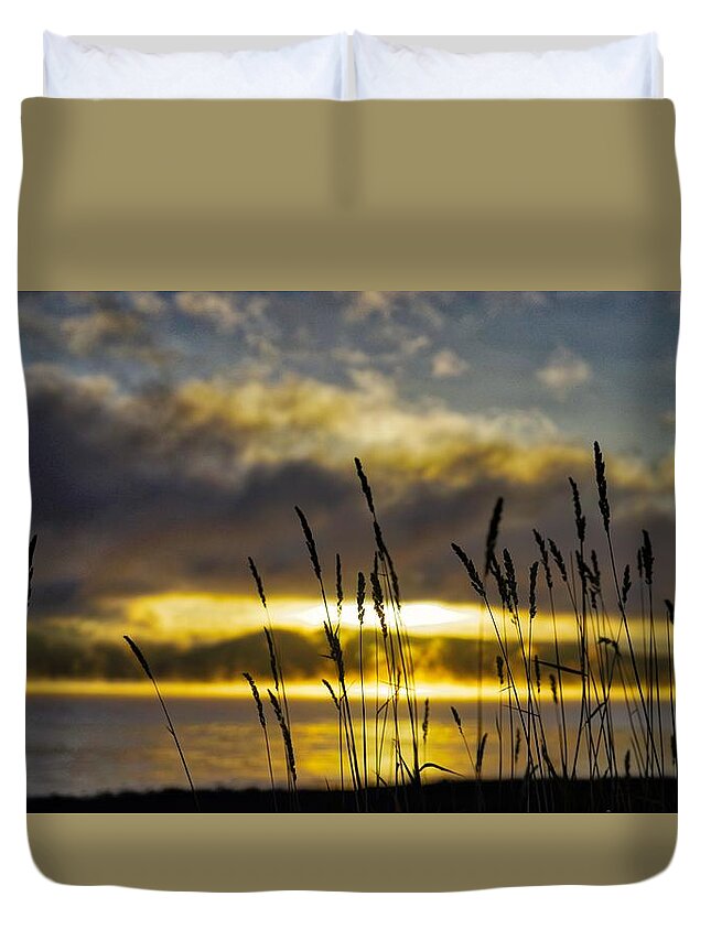 Lake Duvet Cover featuring the photograph Grassy Shoreline Sunrise by Tom Gresham