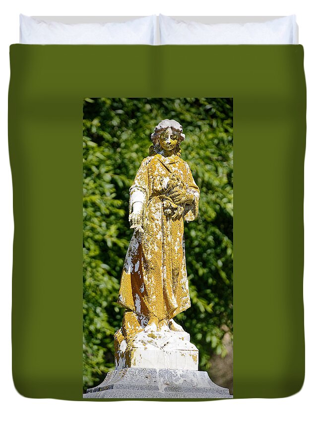 Grave Girl Duvet Cover featuring the photograph Grave Girl -- Memorial Statue in Lompoc Evergreen Cemetery, California by Darin Volpe