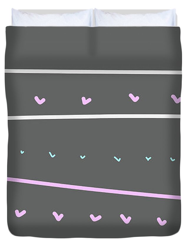 Whimsical Duvet Cover featuring the drawing Gray stripe pink hearts by Ashley Rice