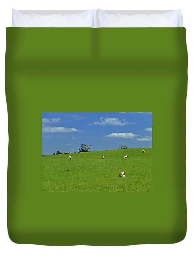 Animal Themes Duvet Cover featuring the photograph Grazing Cows At A Green Pasture by Alex Joukowski