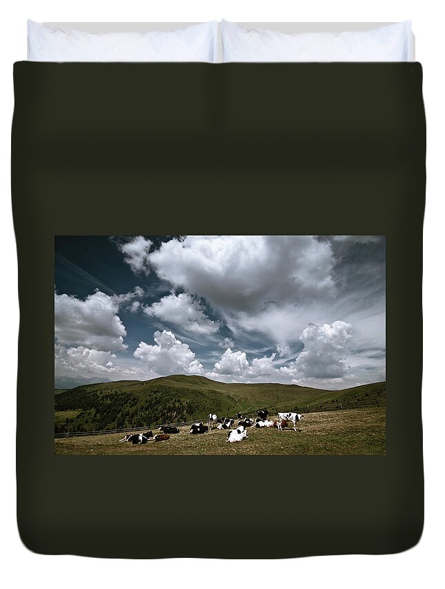 Desaturated Duvet Cover featuring the photograph Grazing Cows In The Mountains by Scacciamosche