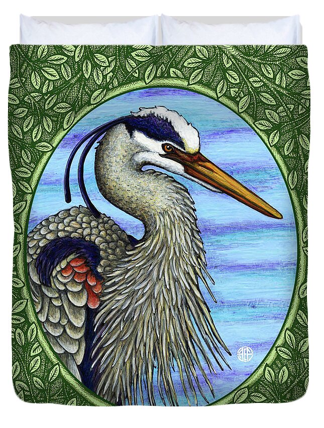 Animal Portrait Duvet Cover featuring the painting Great Blue Heron Portrait - Green Border by Amy E Fraser