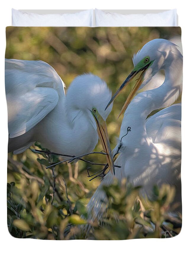 Egrets Duvet Cover featuring the mixed media Great Egrets Precious Moment by DB Hayes